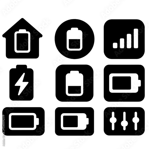 Battery Widget Icons. Solid style icons of battery widgets: home widget icon, battery circle, quick view tile, usage mini chart,