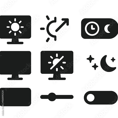 Screen Brightness Icons. Solid style icons of screen and brightness tools: screen brightness icon, adaptive brightness, screen