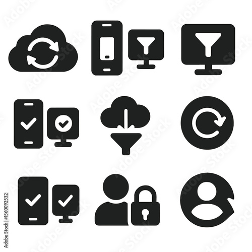 Cross-Device Sync Icons. Solid style icons of cross-device syncing: cloud sync, device list icon, same filter across devices, sync