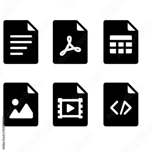 Solid File Type Icons. Solid style icons of file types: text file, PDF file, spreadsheet icon, presentation file, image file,