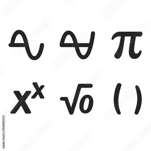 Scientific Calculator Icons. Solid style icons of scientific calculator tools: sine function, cosine function, tangent, pi symbol,