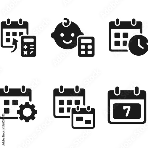 Calculator Icon Collection. Solid style icons of date and time calculators: date difference, age calculator, countdown icon,