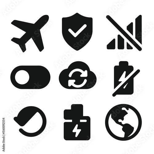 Travel Mode Icons. Solid style icons of airplane and travel mode: airplane icon, travel save mode, roaming off, signal off toggle,