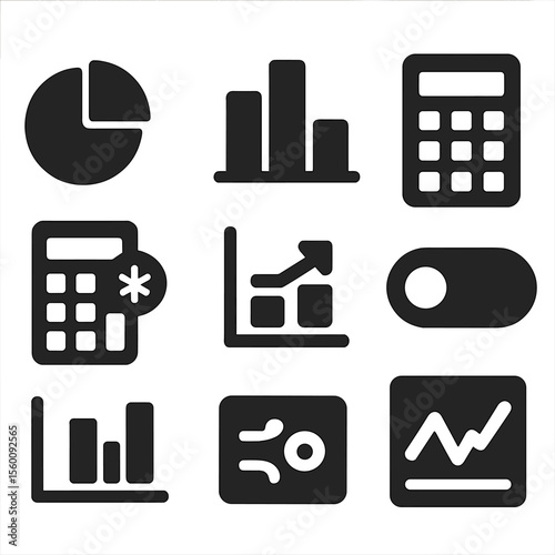 Calculator Icons Collection. Solid style icons of visual calculator features: pie chart result, bar graph display, slider for