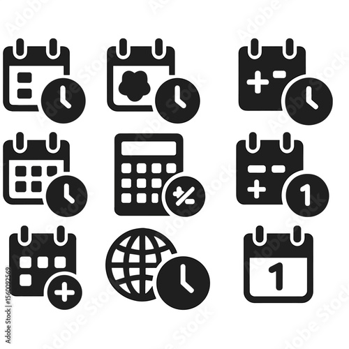 Calculator Icon Collection. Solid style icons of date and time calculators: date difference, age calculator, countdown icon,