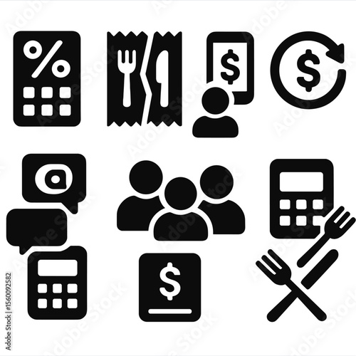 Tip Calculator Icons. Solid style icons of tip and split calculators: tip percent icon, split bill, per person cost, round total,