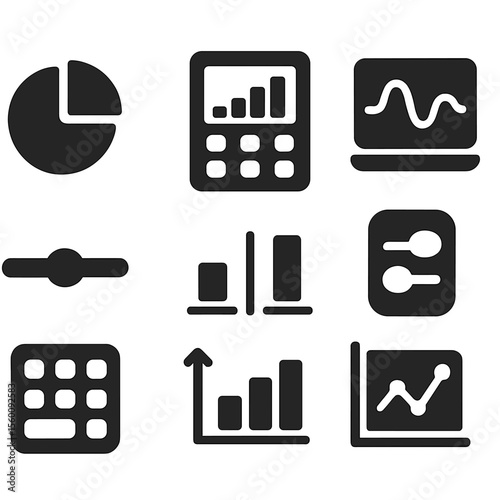 Calculator Icons Collection. Solid style icons of visual calculator features: pie chart result, bar graph display, slider for