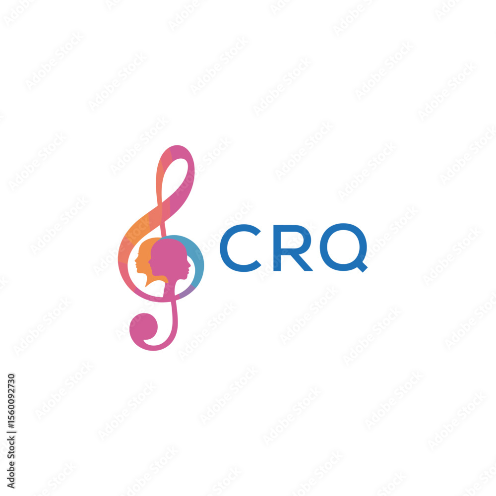 Fototapeta premium CRQ “Abstract music school logo with people and melody icon” CRQ Later Logo, “Modern music therapy logo with faces and note symbol” 
