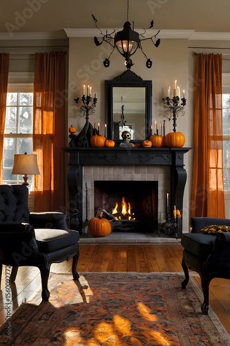 Halloween Home Interior Decor with Carved Pumpkins