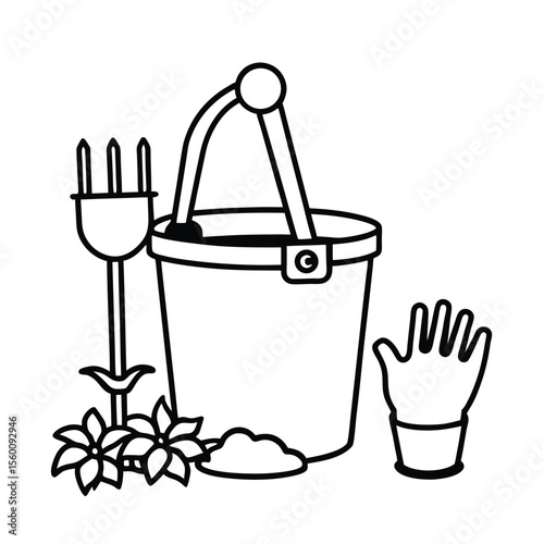 Tool bucket with fork pruner and gloves on floor Vector illustration