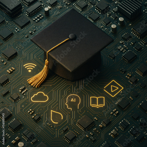 Digital learning with graduation cap and glowing tech icons on circuit board