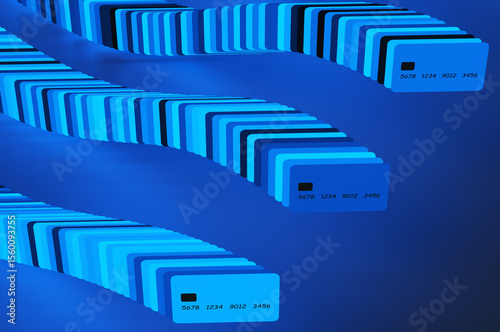 Close up of many blue credit cards on black background. 3d rendering illustration