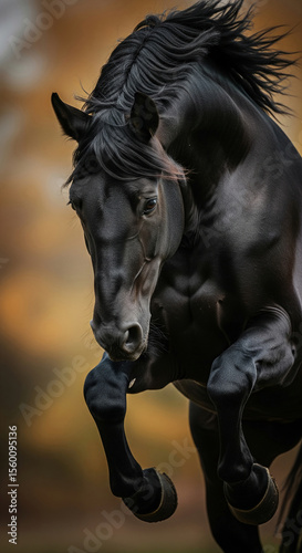 Close-up of a black horse rearing, showcasing powerful muscles and dark coat, symbolizing strength, freedom, and wild beauty