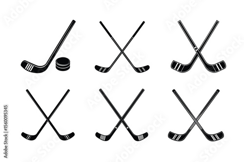Hockey Stick and Puck Silhouette Vector Set – Crossed Hockey Sticks Icons Collection for Sports Design and Logos