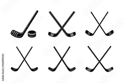 Hockey Stick and Puck Silhouette Vector Set – Crossed Hockey Sticks Icons Collection for Sports Design and Logos