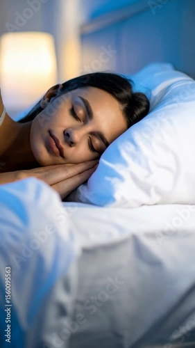 Peaceful woman resting comfortably in her bed asleep surrounded by soft white linens in calm relaxing cool blue evening light