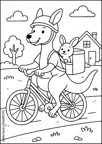 coloring book page, Anthropomorphic Animals, Kangaroos are having fun riding their bikes with their baby kangaroos.