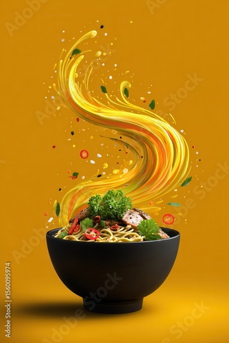 Bowl of ramen with exploding flavor on orange background