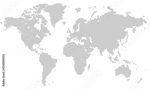 Dotted world map in infographic fashion proposing continents and pixel design. Global dot earth illustration with geometric shapes perfect for tech and commercial enterprise displays.