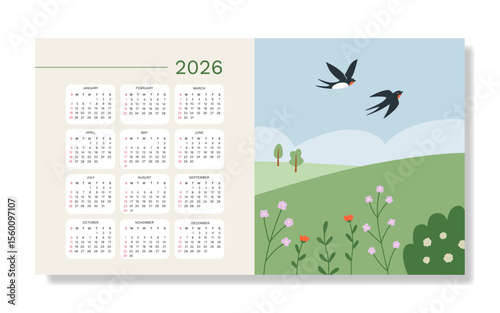 Wall Horizontal Calendar 2026 with hand drawn illustration. One sheet of year. Week start from Sunday