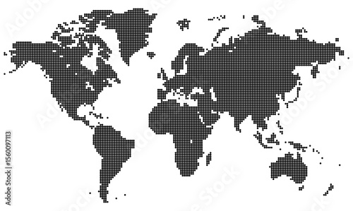 Big dotted world map paintings with pixel factors illustrating worldwide regions and summary territories. Best for background visuals, geography, and infographic templates.