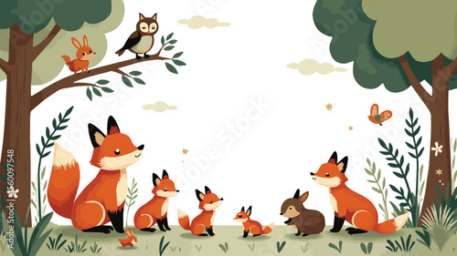 Red fox cartoon character walking in a cute forest illustration design