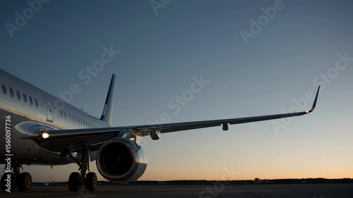Aircraft wing gleaming, sunset casting golden hues across azure airport tarmac, expansive evening skyline framing sleek aeronautical silhouette