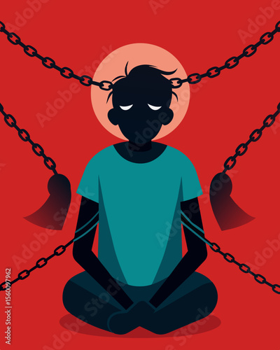A person is shackled by chains labeled with gaslighting and emotional blackmail their thoughts and actions under constant control.. Vector illustration