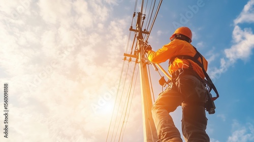 Utility worker repairs power lines against a backdrop of a bright blue sky during late afternoon