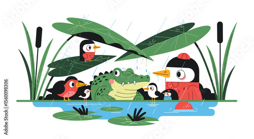Birds and reptile gathering on the pond on a rainy day together and shelter