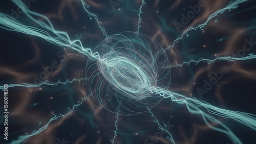 Abstract glowing energy sphere with flowing lines and particles