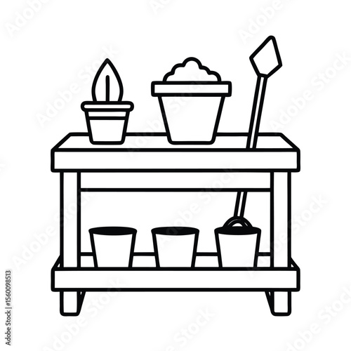 Wooden potting bench filled with overflowing tools Vector illustration