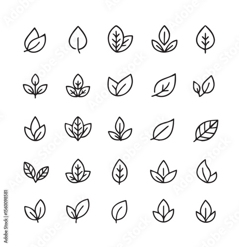 Set of various plant leaf outline vector icon.