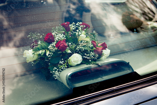 Wedding flowers in car
