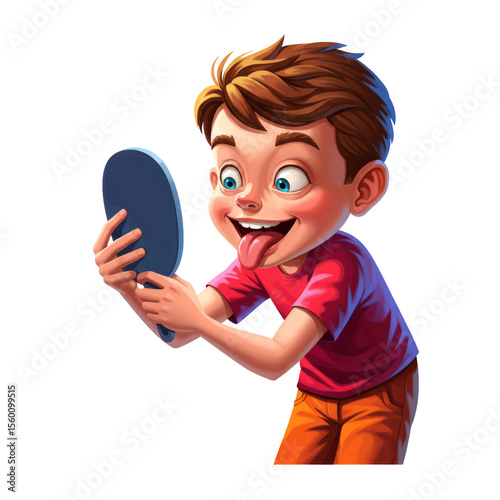 Silly Boy Sticking Tongue Out at Mirror Vector Illustration