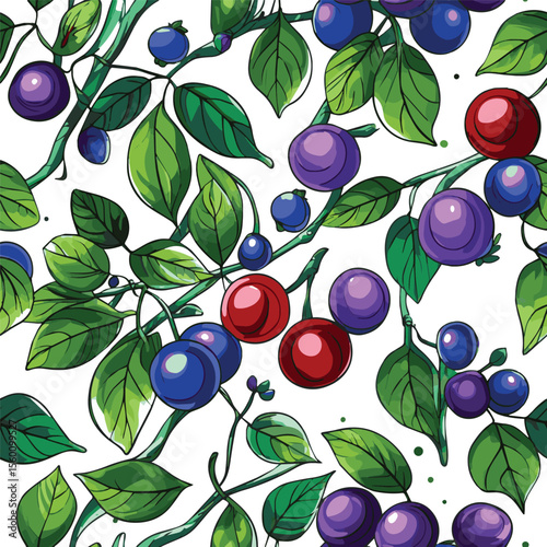 Berries and leaves for organic food, Seamless background with cherry, 