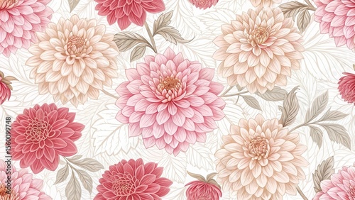 Elegant Seamless Pattern with Pink and Peach Dahlias and Delicate Leaves