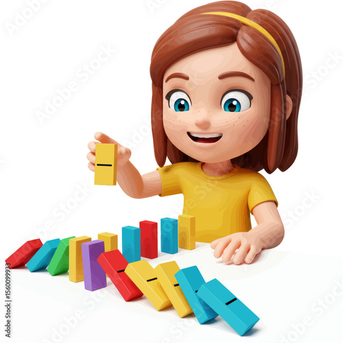 Cartoon Kid Playing Dominoes Chain Reaction Vector Illustration