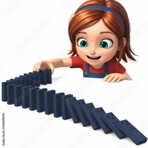 Cartoon Kid Playing Dominoes Chain Reaction Vector Illustration