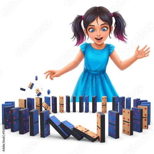 Cartoon Kid Playing Dominoes Chain Reaction Vector Illustration