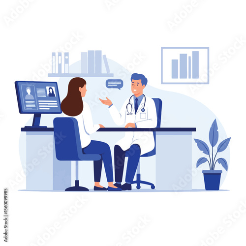 A female patient consults with a doctor in a modern medical office, discussing medical information on a computer.