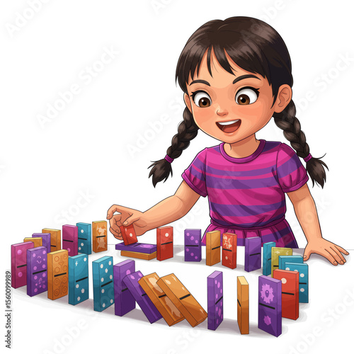 Cartoon Kid Playing Dominoes Chain Reaction Vector Illustration