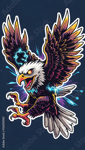 illustration of an eagle with mystical energy. Designed in a psychedelic cartoon sticker style with thick black lines,