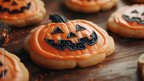 A detailed shot of a virtual pumpkin-shaped cookie with orange icing and black decoration for Halloween.