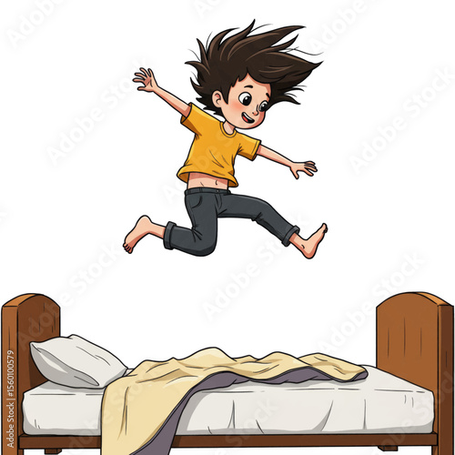 Cartoon child jumping on bed in slow motion, hair flying