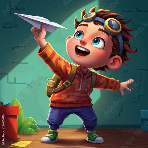 Kid cartoon holding a paper airplane ready to throw vector illustration