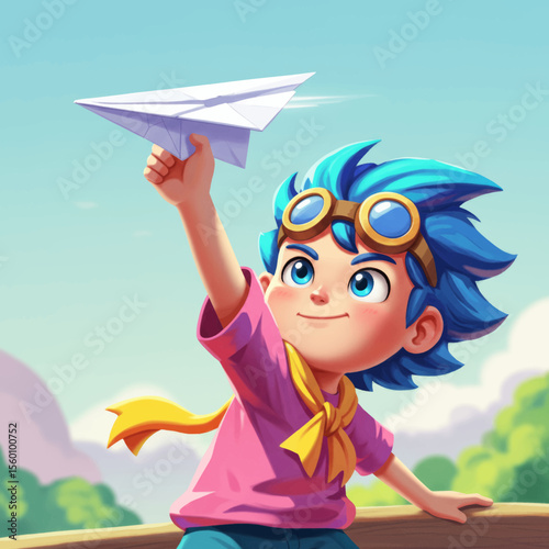 Kid cartoon holding a paper airplane ready to throw vector illustration