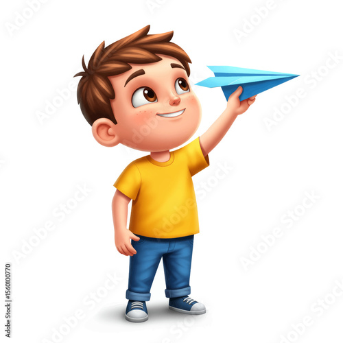 Kid cartoon holding a paper airplane ready to throw vector illustration