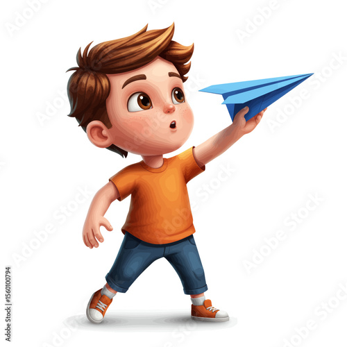 Kid cartoon holding a paper airplane ready to throw vector illustration