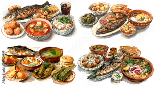 Traditional seafood meals with grilled fish, soup, rice, and vegetables, perfect for coastal cuisine and local seafood dish illustrations.

